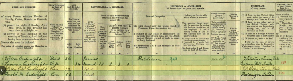 The Cartwright Family at the Half Moon in the 1911 Census